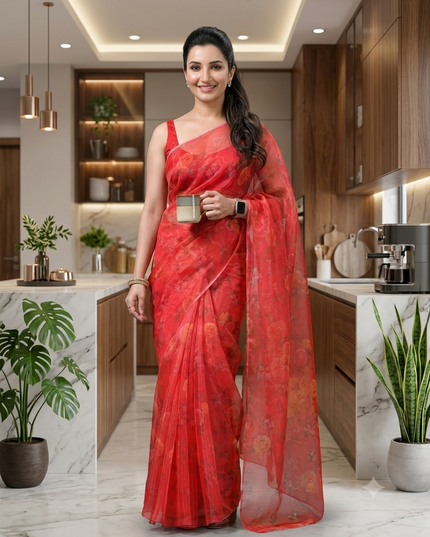Women`s Printed Organza Saree Semi-Transparent Party, Wear weddings latest, Trending stylized Lotus Design sarees Fancy banarasi organza silk saree for Farewell Pink Sarees for Women