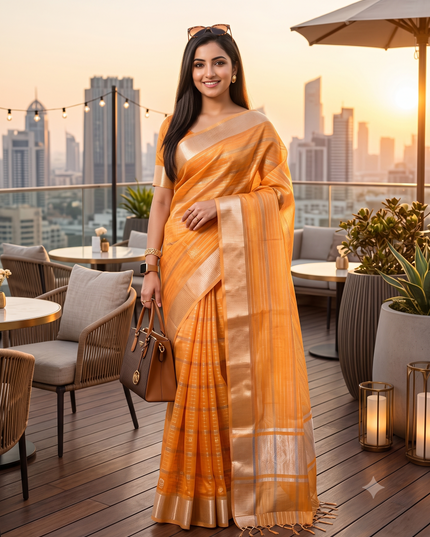 Women`s Tissue silk sarees for women latest, design organza New sari Swarnika zari Design golden Kora tissue banarasi saree for wedding party, wear sarees for Women (Orange)