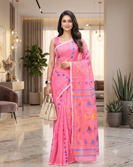 Pink Woven Design Jamdani Saree for Women