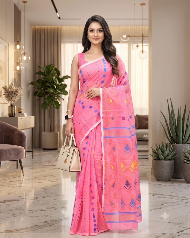 Pink Woven Design Jamdani Saree for Women