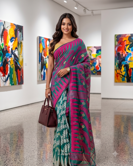 Tamarind Leaf Resham Dhakai Jamdani Pure Cotton Handloom Saree Whole Body Design without Blouse Piece