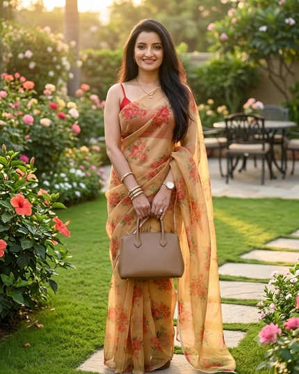 Women`s Printed Organza Saree Semi-Transparent Party, Wear weddings latest, Trending Rose Design sarees Fancy banarasi organza silk saree for Farewell White Nude Sarees for Women