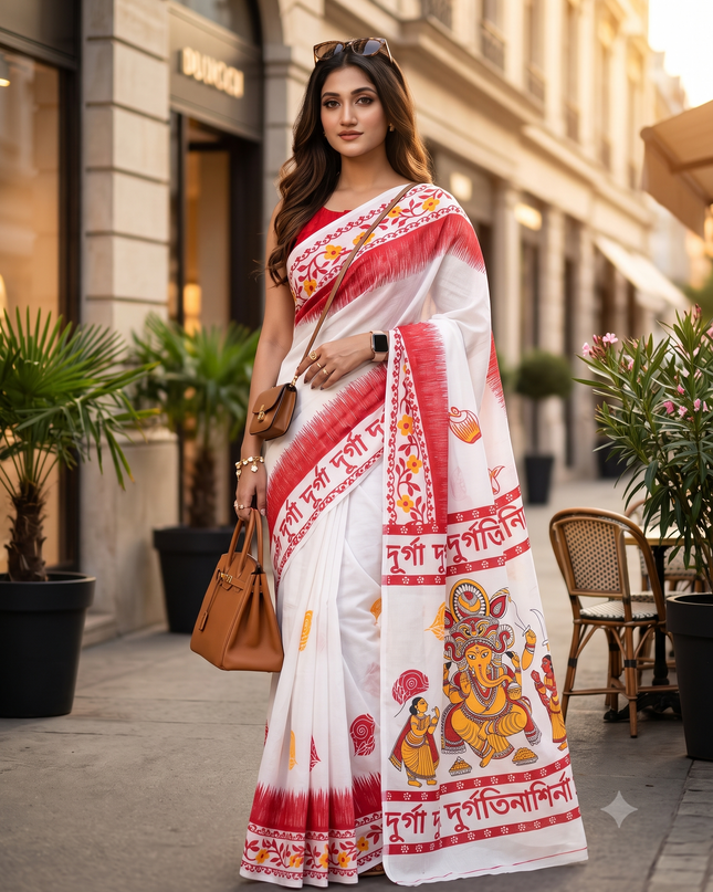 Traditional Printed Pure Cotton Saree with Unstitched Blouse Piece
