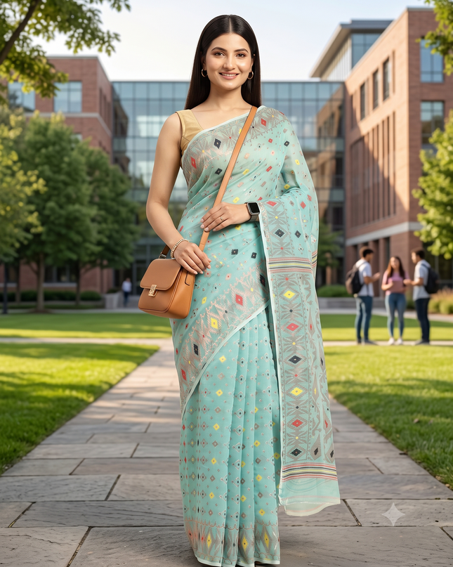 Blue & Black Woven Design Pure Cotton Jamdani Saree