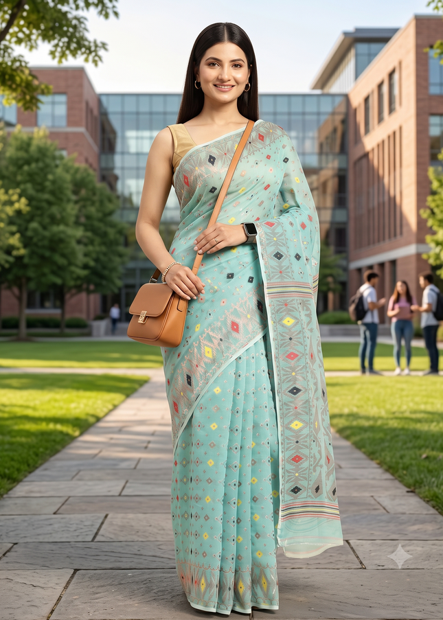 Blue & Black Woven Design Pure Cotton Jamdani Saree