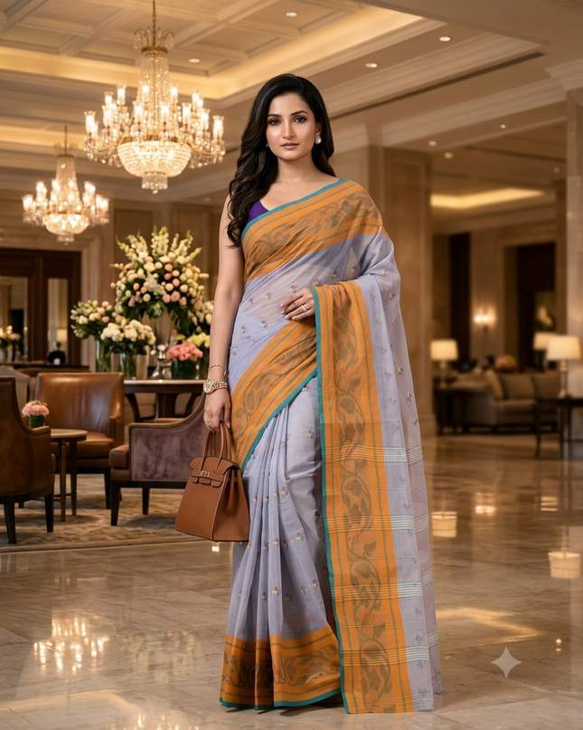 Women Tant cotton saree for woman party, wear handloom sarees for women cotton georgette chettinad cotton silk sarees for women latest, Vasantika design (Grey)