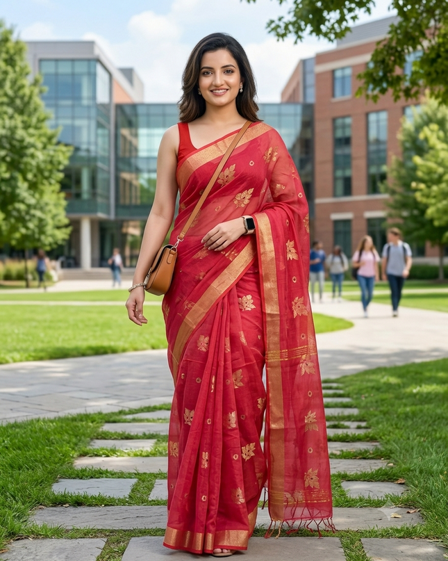 Cotton Silk Party Wear Saree Trendy Design Gulnaz Georgette Chiffon Cotton Saree (Pink)