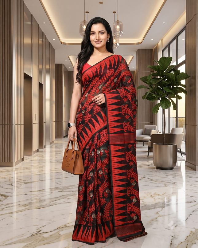 dB DESH BIDESH Women's Traditional Bengal Soft Cotton Silk Jamdani Sarees For Women Tentullata Design Cotton saree for woman Without Blouse piece | Ethnic Wear Sari (Red Black)