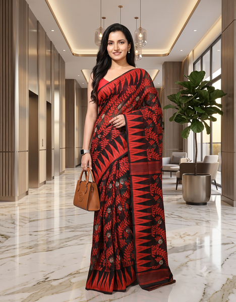 dB DESH BIDESH Women's Traditional Bengal Soft Cotton Silk Jamdani Sarees For Women Tentullata Design Cotton saree for woman Without Blouse piece | Ethnic Wear Sari (Red Black)