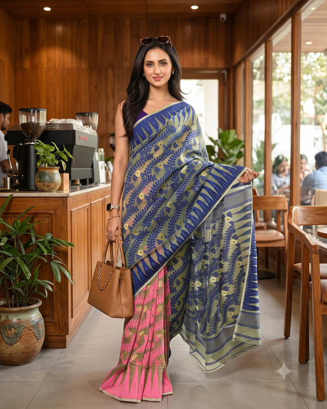 dB DESH BIDESH Women's Traditional Bengal Soft Cotton Silk Jamdani Sarees For Women Tentullata Design Cotton saree for woman Without Blouse piece | Ethnic Wear Sari (Deep Blue Pink)