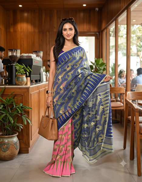 dB DESH BIDESH Women's Traditional Bengal Soft Cotton Silk Jamdani Sarees For Women Tentullata Design Cotton saree for woman Without Blouse piece | Ethnic Wear Sari (Deep Blue Pink)
