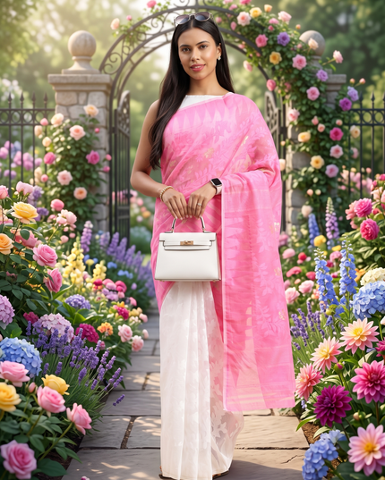 Women’s Bengal Handloom Soft Dhakai Jamdani Cotton Saree – Pink White