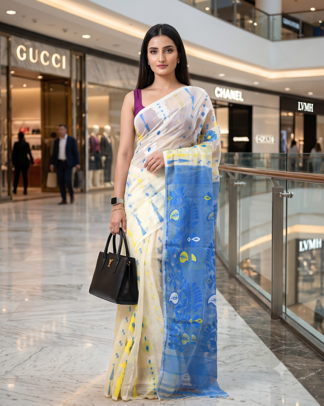 Exquisite Jamdani Cotton Handloom Saree with Paisley Woven Phulkari Design