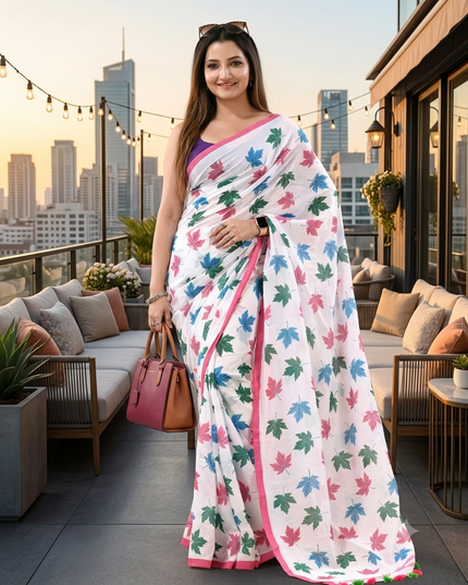 Women cotton handloom mulmul cotton sarees mul cotton sarees for women latest, Patta e Ishq design batik print bandhani malmal linen office daily, party, wear sarees for women (White)