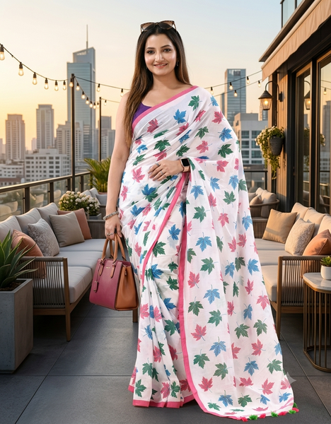 Women cotton handloom mulmul cotton sarees mul cotton sarees for women latest, Patta e Ishq design batik print bandhani malmal linen office daily, party, wear sarees for women (White)