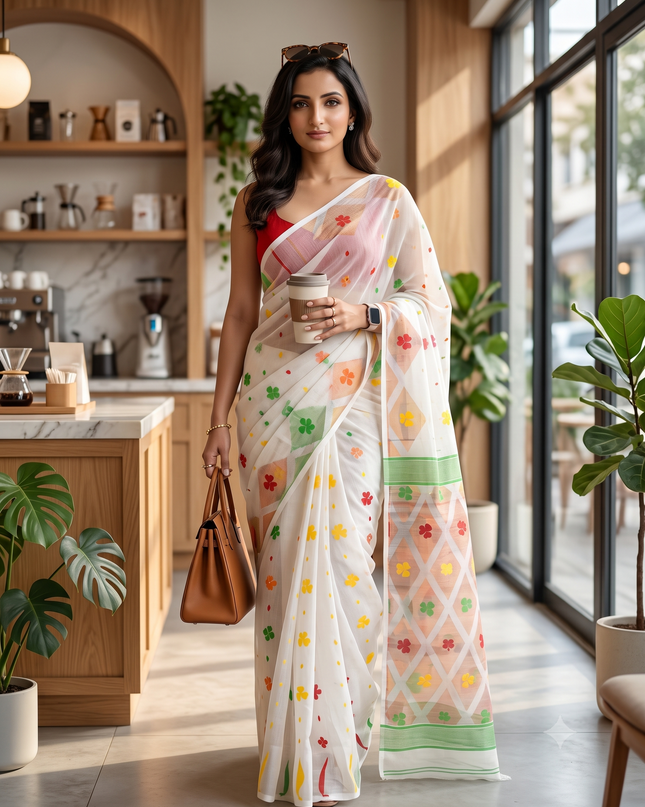 White and Red Floral Woven Design Jamdani Saree for Women