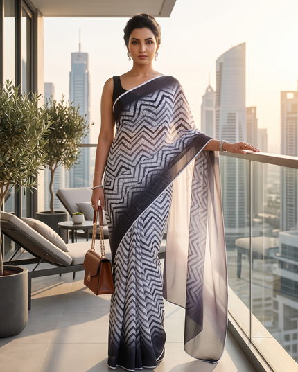 Womens georgette party, wear saree for farewell chiffon sarees women latest Rekhamaya design printed cotton New Sari chiffon silk Saree wedding saree for woman(Charcoal Grey)