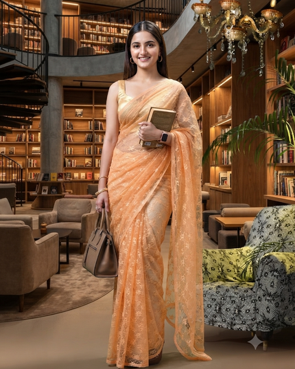 Women’s Net Sequin Embroidered saree Soft Net saree party, wear Chiffon wedding Silk georgette latest, Net sarees Heavy design Function Festive farewell saree for women (Golden)