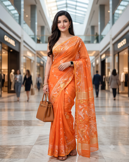 dB DESH BIDESH Women's Soft Cotton Silk Jamdani Sarees For Women for Party, Wear Linen Silk Saree Zarikatha Design Cotton saree for woman Without Blouse piece (Lemon Orange)