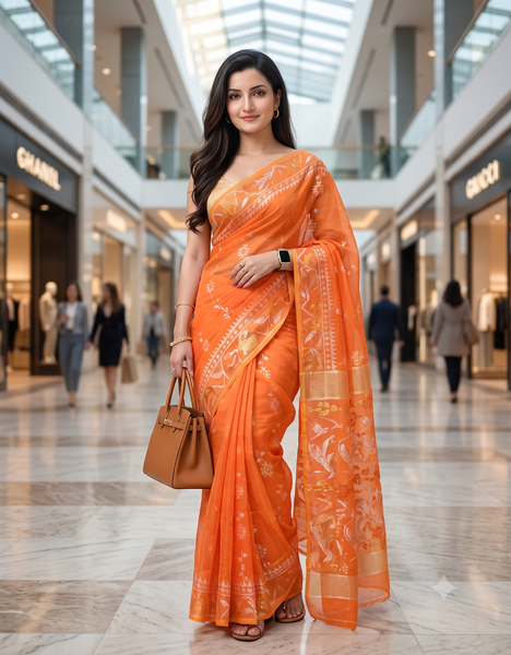 dB DESH BIDESH Women's Soft Cotton Silk Jamdani Sarees For Women for Party, Wear Linen Silk Saree Zarikatha Design Cotton saree for woman Without Blouse piece (Lemon Orange)