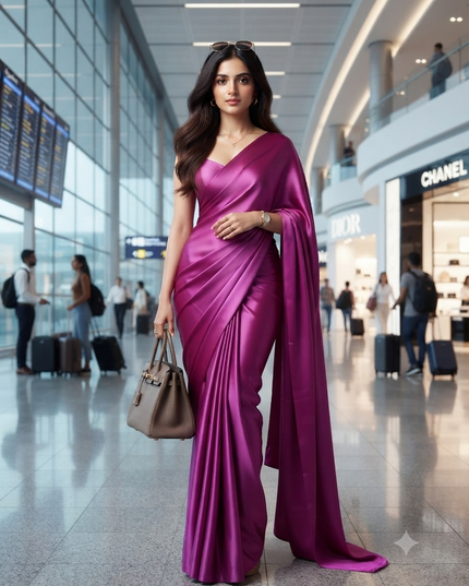 Women`s Soft Satin Silk Plain Saree for wedding, party, wear saree for women latest, design saree Satin Pure silk Crepe farewell party, wear dress Collection Plain sarees (Purple)