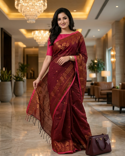 Women cotton silk tant handloom saree mysore party, wear sarees latest, design wedding, kanjivaram georgette chiffon saree soft silk cotton Senzia design sarees for women (Brown)