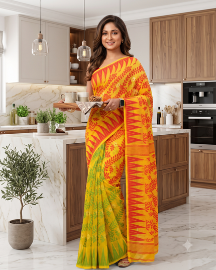 Multicolor Tamarind Leaf Dhakai Jamdani Cotton Saree Without Blouse Piece