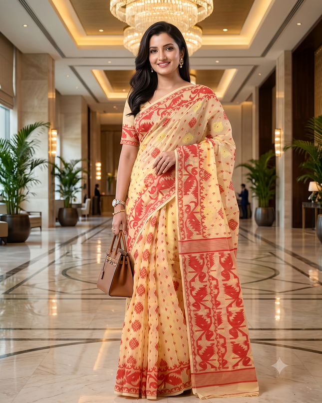 Women's Cotton silk handloom cotton jamdani sarees for women golden party, wear saree latest, Ragini design new, collection tant cotton linen dhakai muslin sarees for women (Cream Gold)
