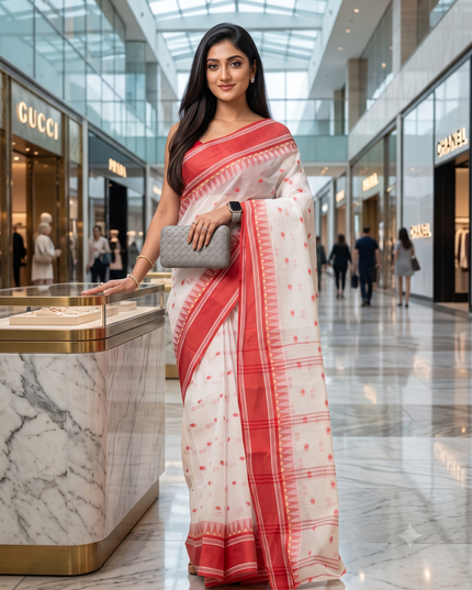 Traditional Tant Pure Handloom Cotton Saree Woven Temple Ball Design Without Blouse Piece