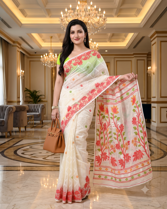 dB DESH BIDESH Women's Jamdani Sarees For Women for Party Festival Wear Kusumlata Design Soft Cotton Linen saree for woman Without Blouse piece (White Red)