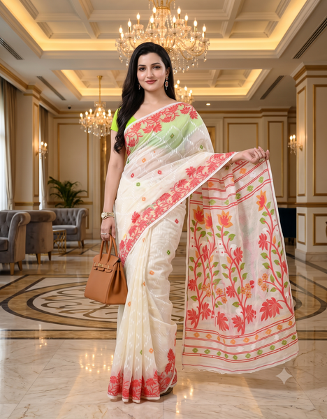dB DESH BIDESH Women's Jamdani Sarees For Women for Party Festival Wear Kusumlata Design Soft Cotton Linen saree for woman Without Blouse piece (White Red)