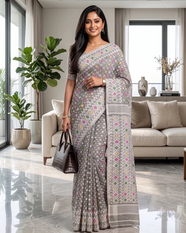 Hirokduti Resham Dhakai jamdani Bengal Pure Cotton Handloom Saree Whole Body Design without Blouse Piece