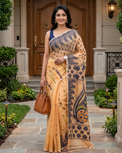 Exquisite Pure Cotton Handloom Jamdani Saree with Woven Design Border for Women