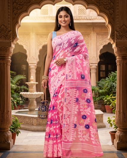 Floral Woven Design Zari Pure Cotton Jamdani Saree
