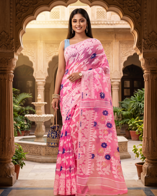 Floral Woven Design Zari Pure Cotton Jamdani Saree