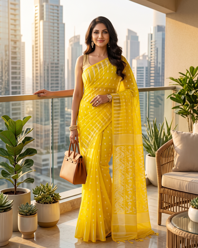 Resham Dhakai Jamdani Bengal Pure Cotton Handloom Saree Diamond Queen Design