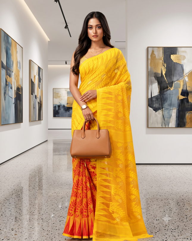 Traditional Tamarind Leaf Resham Dhakai Jamdani Pure Cotton Handloom Saree without Blouse Piece