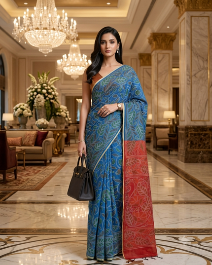 dB DESH BIDESH Women`s Cotton Saree For Woman Nakshakata Flower Kolka Leaf Embroidery Printed Trendy Soft Cotton Silk Women Sarees with Blouse Piece (Blue Red)