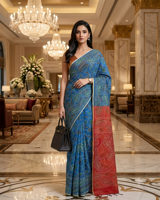 dB DESH BIDESH Women`s Cotton Saree For Woman Nakshakata Flower Kolka Leaf Embroidery Printed Trendy Soft Cotton Silk Women Sarees with Blouse Piece (Blue Red)