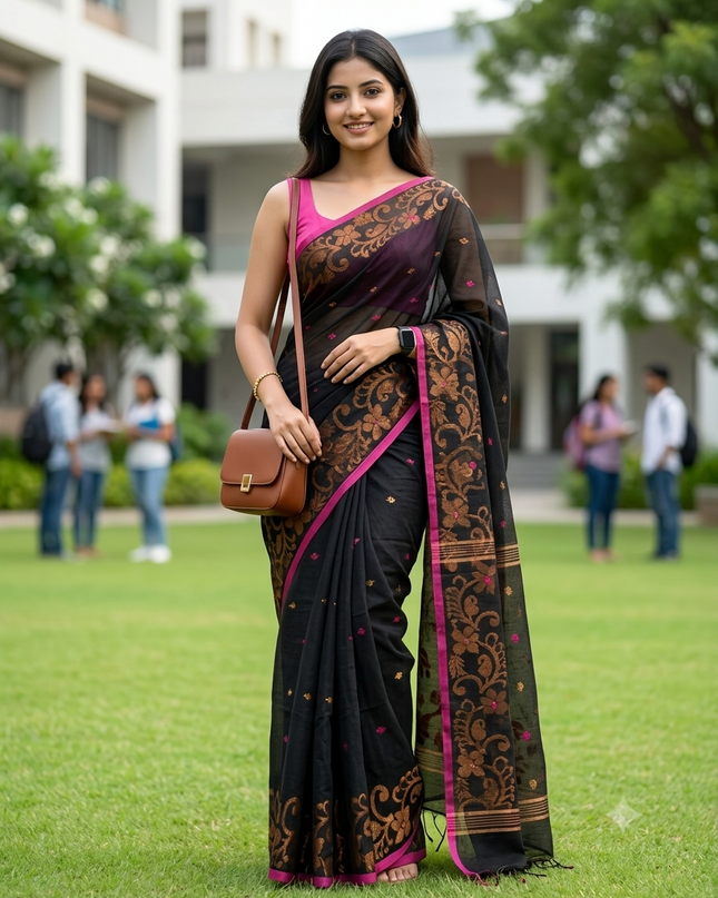 Cotton Silk Handloom Midnight Black women Saree