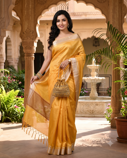 Women`s Tissue silk sarees for women latest, design organza New sari Swarnika zari Design golden Kora tissue banarasi saree for wedding party, wear sarees for Women (Golden Yellow)