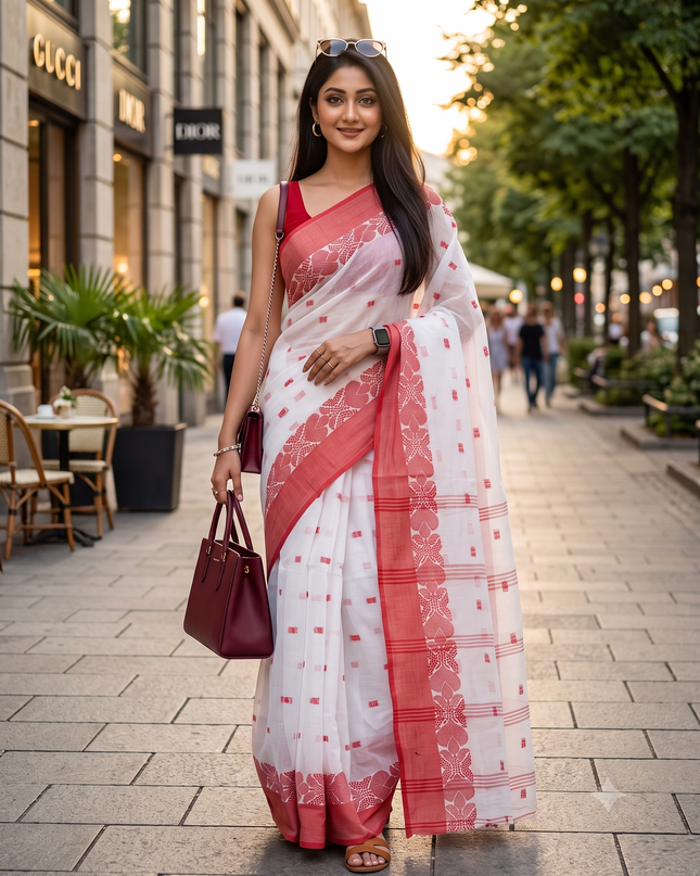 Elegant Woven Design Taant Saree with Unstitched Blouse Piece