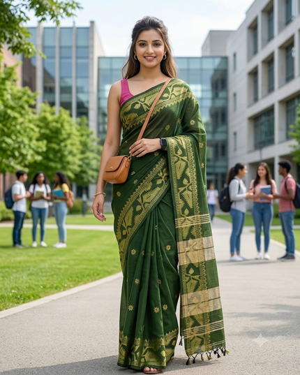 Women cotton silk tant handloom saree mysore party, wear sarees latest, design wedding, ready wear georgette chiffon saree soft silk cotton Taarini design sarees for women (Dark Green)