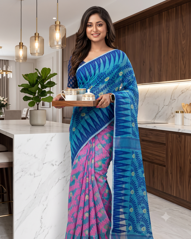 Tamarind Leaf Resham Dhakai Jamdani Pure Cotton Handloom Saree Whole Body Design without Blouse Piece