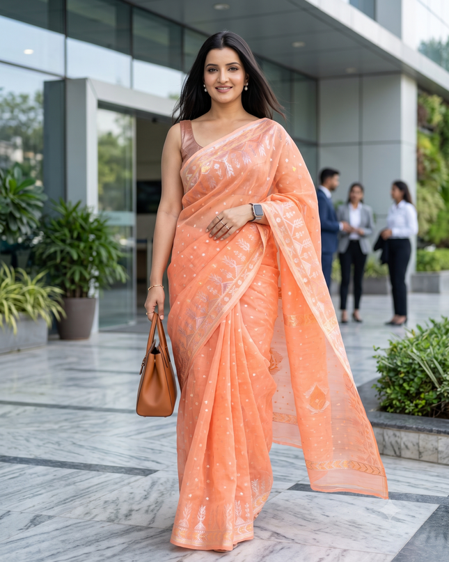 dB DESH BIDESH Women's Soft Cotton Silk Jamdani Sarees For Women for Party Festival Wedding Silk Saree GlamQueen Gold Work Design Without Blouse piece (Peach Orange)