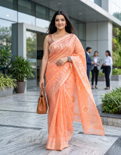 dB DESH BIDESH Women's Soft Cotton Silk Jamdani Sarees For Women for Party Festival Wedding Silk Saree GlamQueen Gold Work Design Without Blouse piece (Peach Orange)