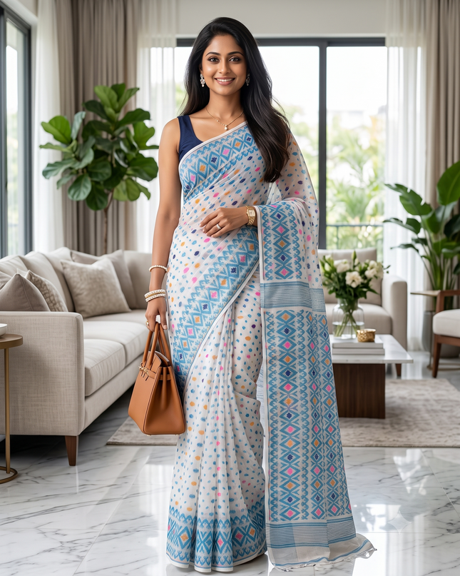 Hirokduti Resham Dhakai jamdani Bengal Pure Cotton Handloom Saree Whole Body Design without Blouse Piece