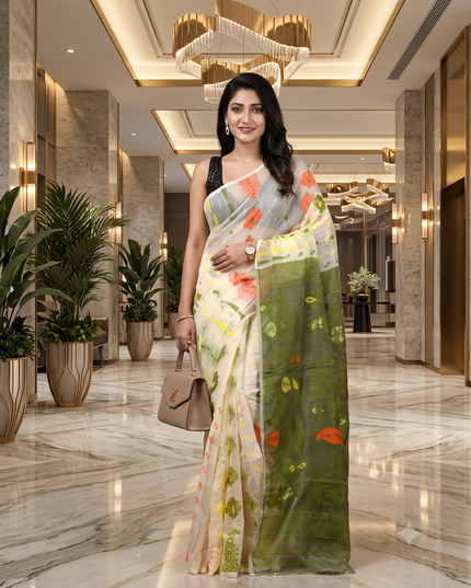 Elegant White & Green Paisley Woven Phulkari Jamdani Saree
