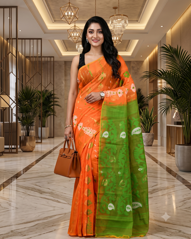 Exquisite Jamdani Cotton Blend Saree: Orange & Green Ethnic Motifs with Solid Border