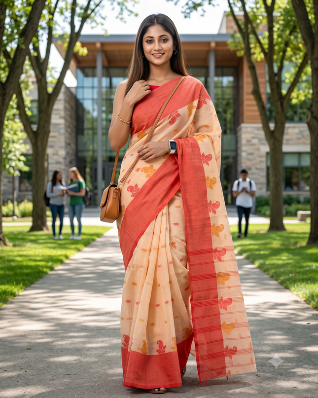 Beige & Red Woven Design Pure Cotton Saree